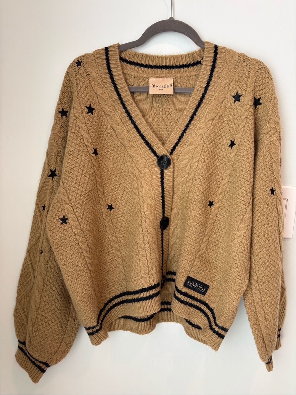 TS FEARLESS Camel Cable Knit Star Cardigan Sweater